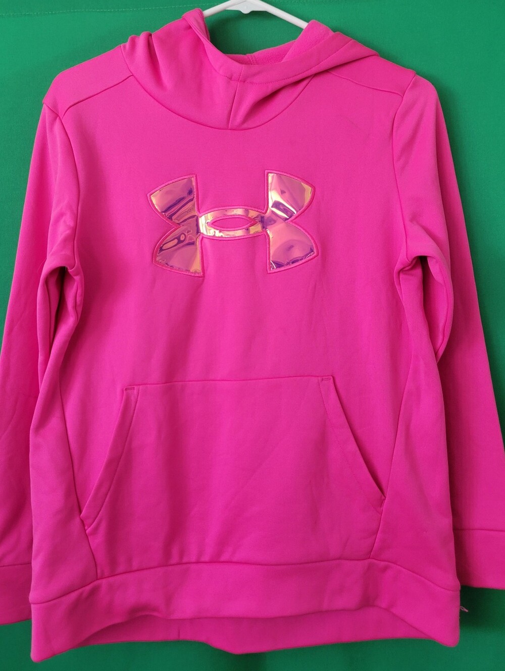 New Under Armour Girls Hot Pink Hoodie with Iridescent Logo Loose Youth Large YL